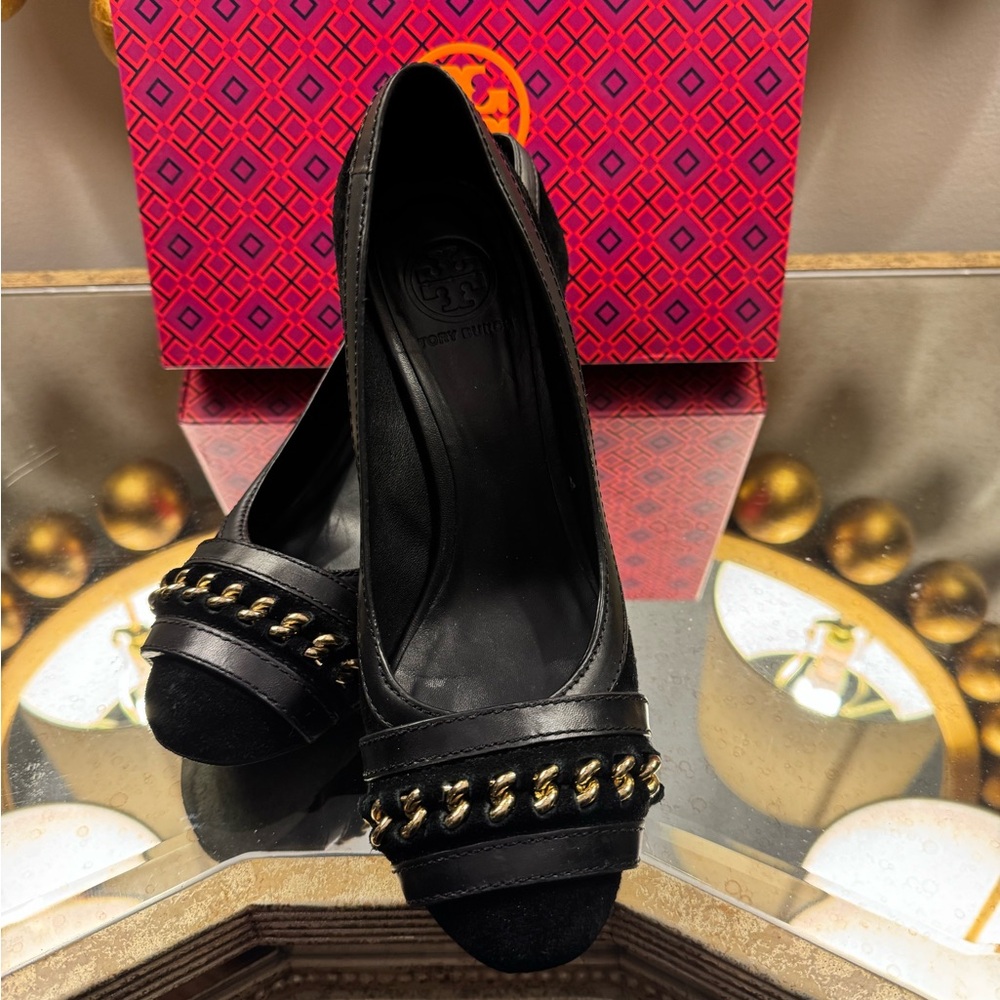 Tory Burch Suede Black High Heel Pumps with Gold Chain Accent